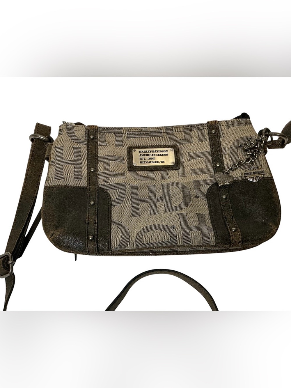 Harley-Davidson Jacquard Crossbody Bag Leather Trim Charms Multi Zip Canvas